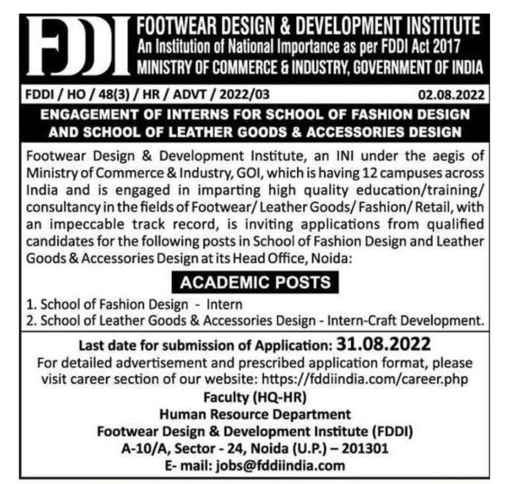 Footwear Design and Development Institute, Noida Wanted Academic Posts