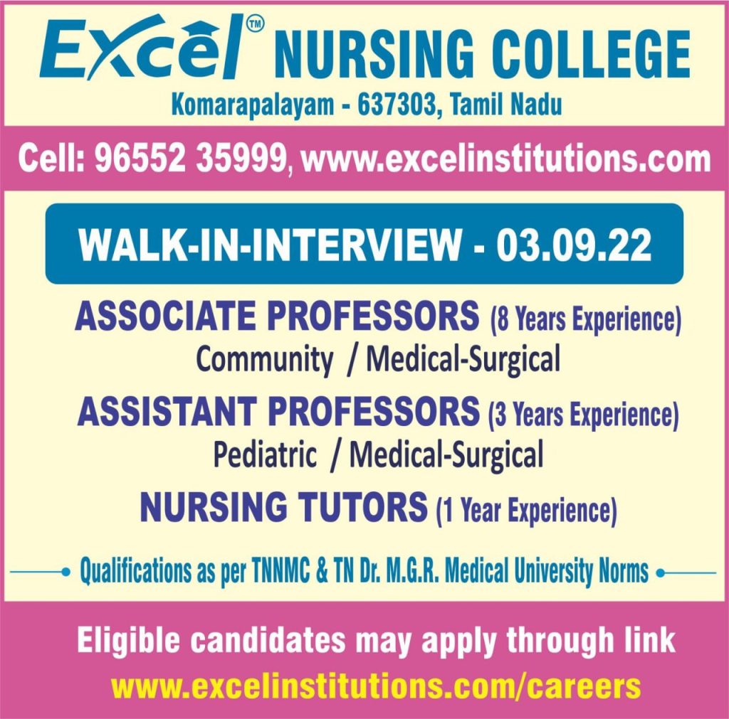 Excel Nursing College, Komarapalayam Wanted Associate Professor ...
