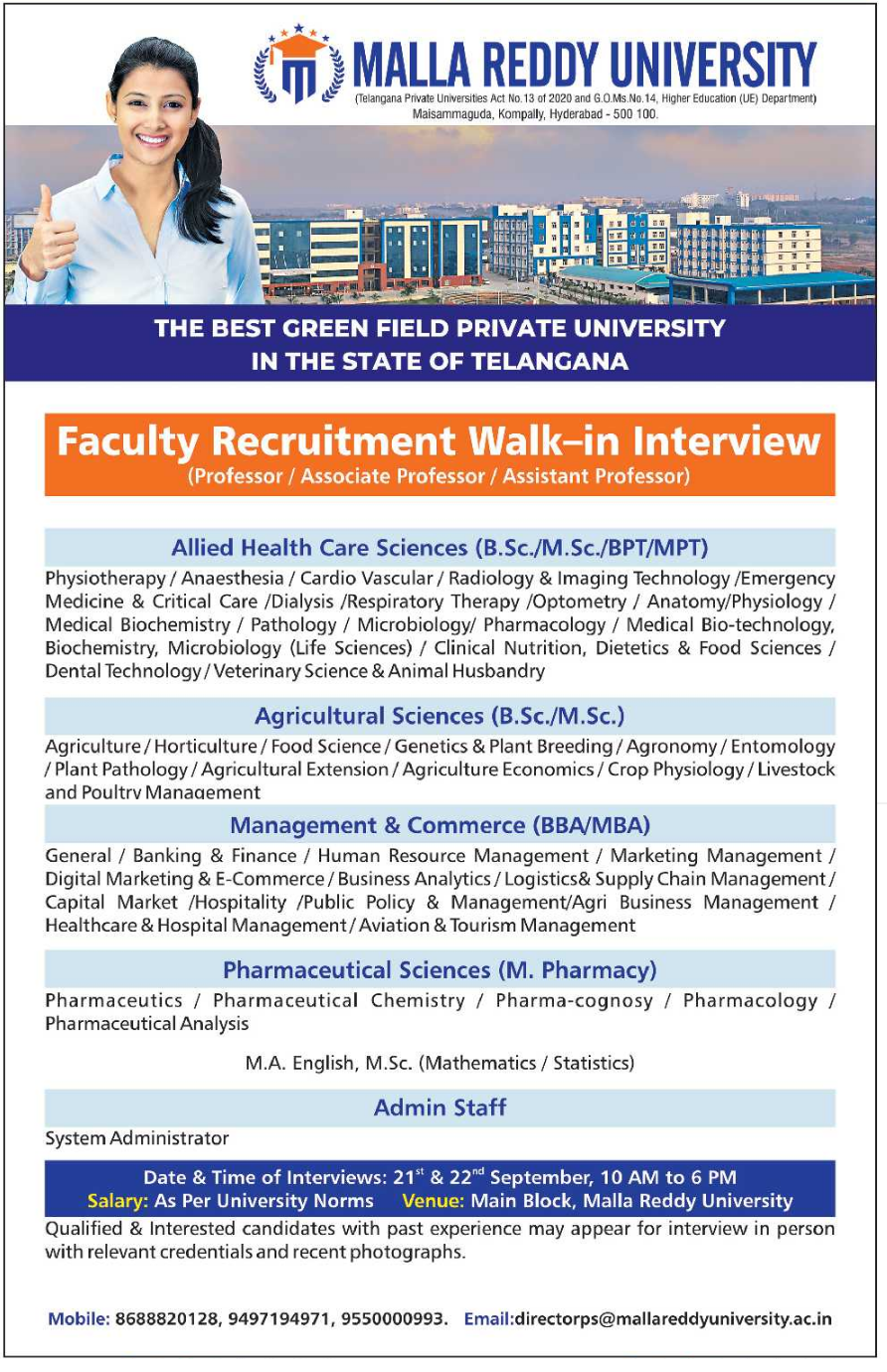 Malla Reddy University, Hyderabad Wanted Professor/Associate  Professor/Assistant Professor | FacultyPlus