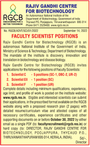 Rajiv Gandhi Centre for Biotechnology, Trivandrum Wanted Faculty ...