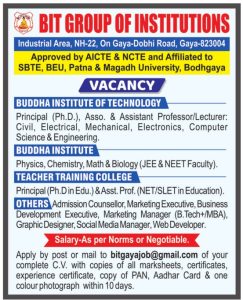 BIT Group of Institutions, Gaya Wanted Principal, Associate Professor ...