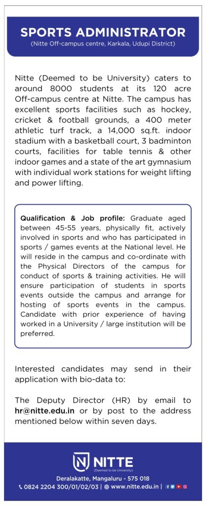 NITTE University, Udupi wanted Sports Administrator | FacultyPlus