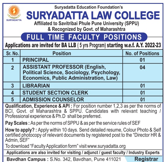 Suryadatta Law College, Pune Wanted Teaching and Non-Teaching Faculty |  FacultyPlus