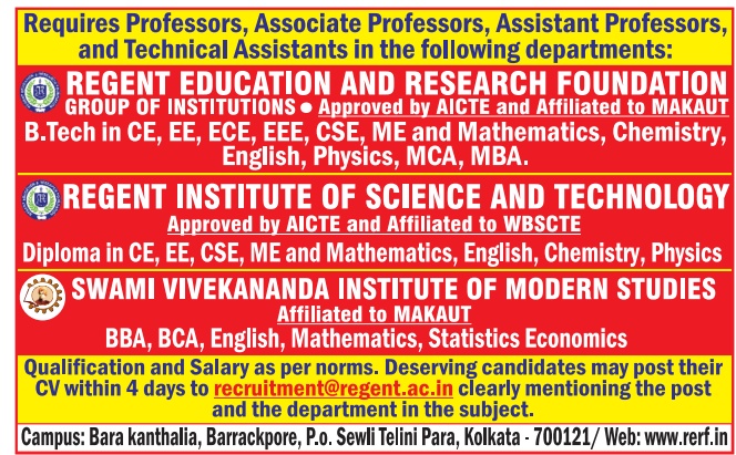 Regent Education and Research Foundation Group of Institutions, Kolkata Advertisement for Faculty recruitment 2023 - Post of Associate Professor Jobs, Assistant Professor Jobs,  Professor Jobs for Various Department.