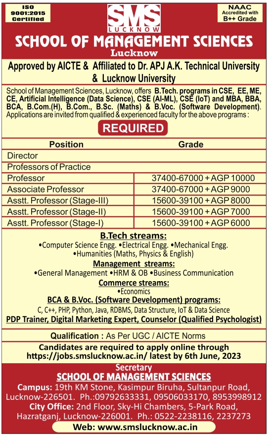 Teaching Faculty Recruitment 2023 Job vacancy notification announced by School of Management Science, Lucknow - Director/Associate Professor/ Assistant Professor Jobs for the 2023-2024 academic year