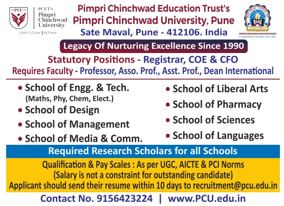 Faculty recruitment notification announced by Pimpri Chinchwad University, Pune for the 2023-2024 academic calendar year for the post of Dean/Professor/ Associate Professor/ Assistant Professor.