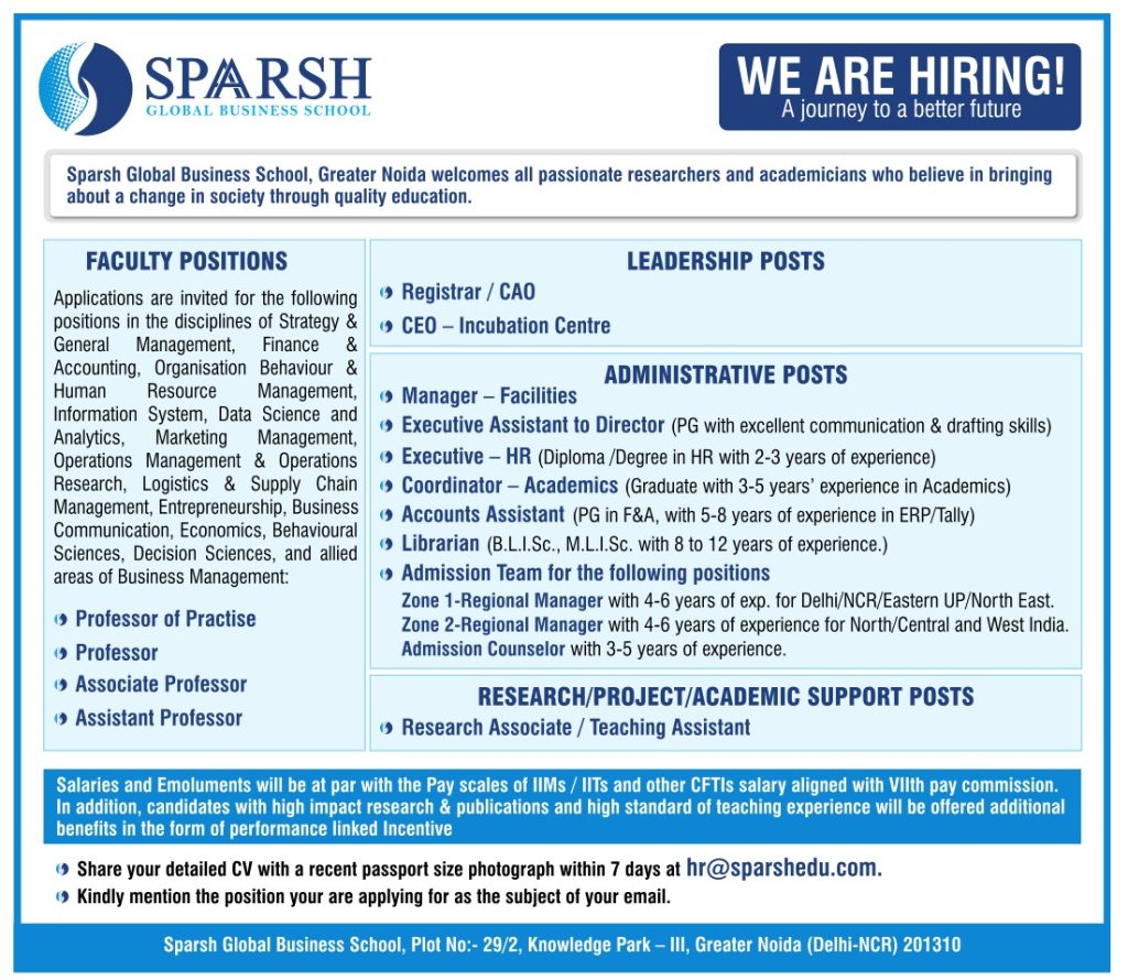 Sparsh Global Business School, Greater Noida wanted Teaching and Non ...