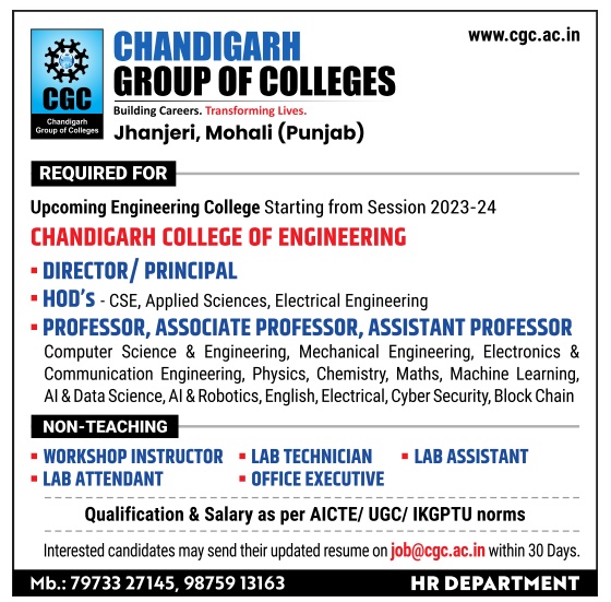 Chandigarh Group of Colleges, Mohali, Punjab has announced Teaching faculty jobs vacancy 2023 for the post of  Associate Professor, Assistant Professor, and Professor. Interested candidates may apply by email within 30 days from the date of advertisement.