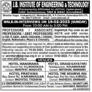 JB Institute of Engineering and Technology, Hyderabad wanted Teaching ...