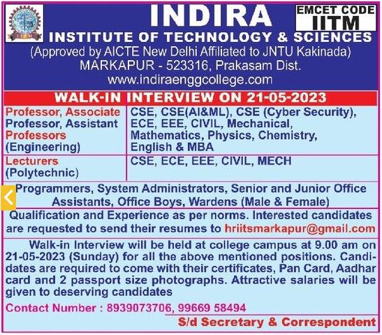Faculty Recruitment 2023 job notification announced by Indira Institute of Technology and Sciences.