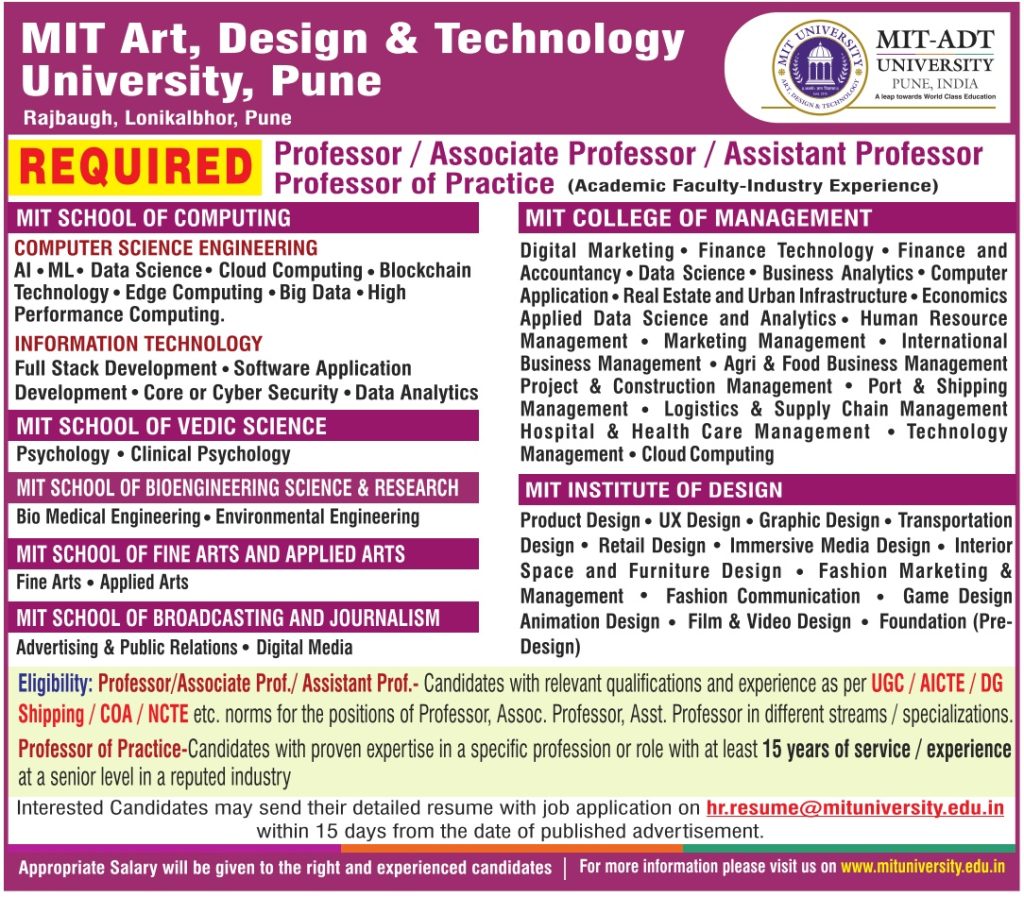 MIT Art, Design & Technology University, Pune Wanted Professor/ Associate Professor/ Assistant