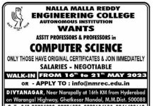 Teaching Faculty Jobs vacancy notification announced by Nalla Malla Reddy Engineering College, MM District, Telangana for the 2023-2024 academic calendar year. Eligible candidates may appear for a walk-in interview.