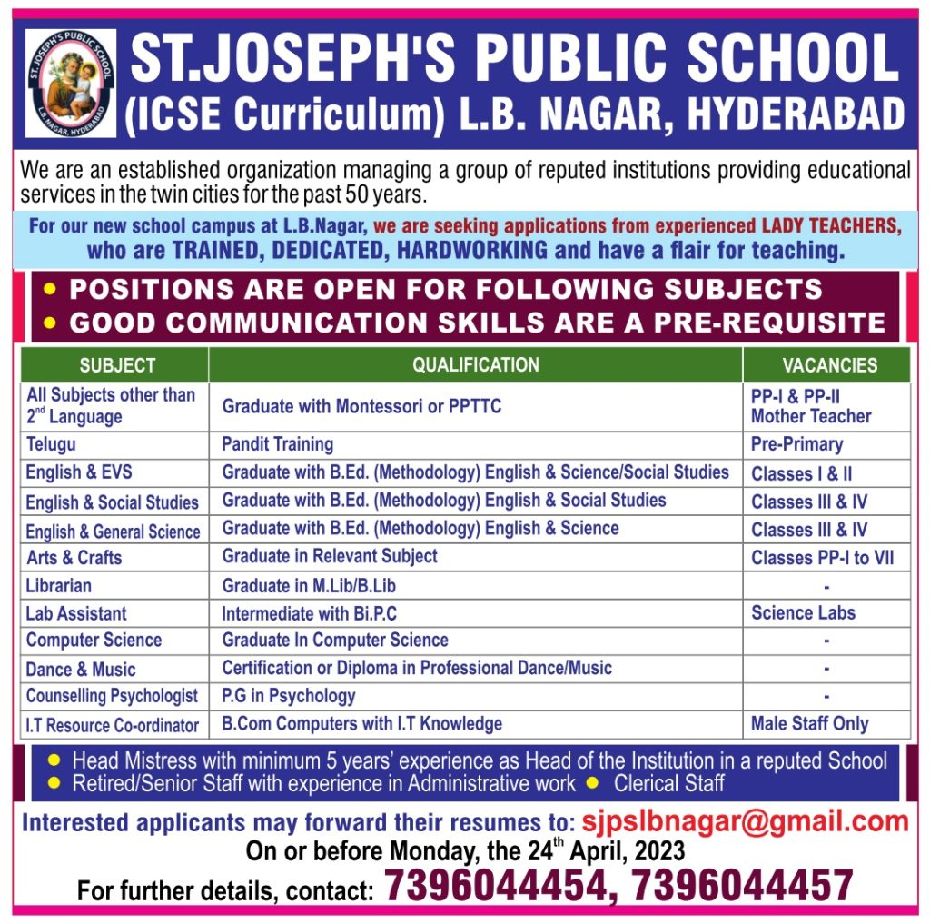 St. Joseph’s Public School, Hyderabad Wanted Teachers, Head Mistress