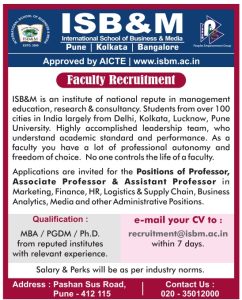 ISB&M, Pune, Kolkata, Bangalore Wanted Teaching Faculty | FacultyPlus