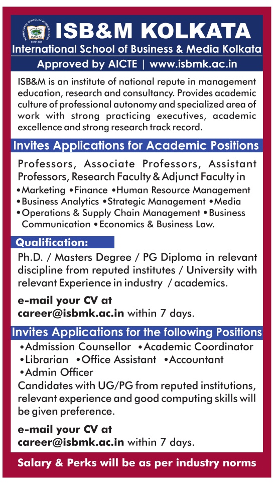 ISB&M KOLKATA wanted Professors, Associate Professors, Assistant Professors, Research Faculty & Adjunct Faculty Jobs for the 2023-24  academic year
