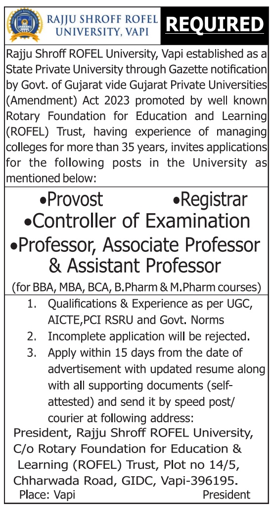 Faculty recruitment notification announced by Rajju Shroff Rofel University, Pune for the 2023-2024 academic calendar year for the post of Professor/ Associate Professor/ Assistant Professor