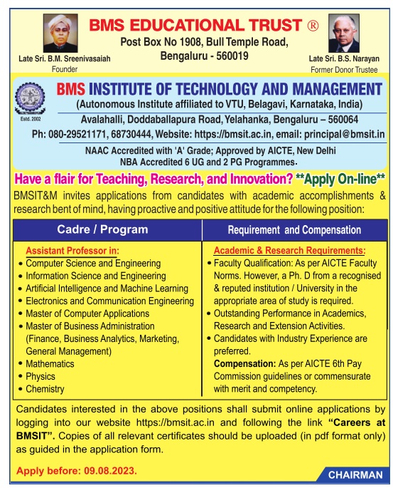 Assistant Professor Jobs at BMS Institute of Technology and Management
