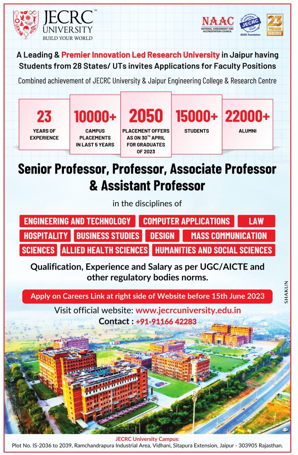 Teaching Jobs- JECRC University, Jaipur | FacultyPlus