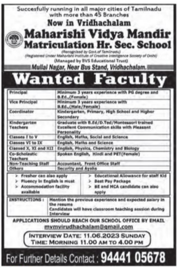 Maharishi Vidya Mandir Matriculation Hr. Sec. School Wanted Teachers ...