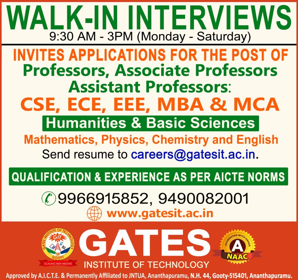 GATES Institute of Technology, Anantapuramu Wanted Professor/Associate Professors/Assistant