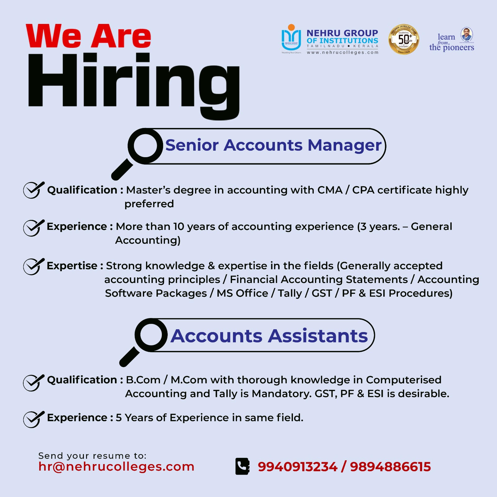 Nehru Group of Institutions Wanted Sr.Accounts Manager/Accounts ...
