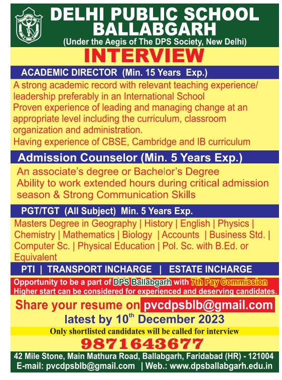 DPS Ballabgarh Vacancy 2023 Apply Now