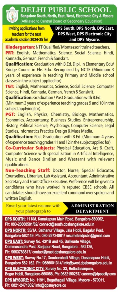 Hindi Teacher Vacancy In Dps Bangalore