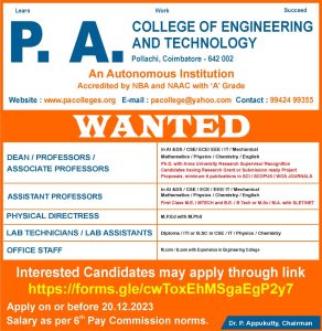 P. A. College of Engineering and Technology, Pollachi Wanted Faculty ...