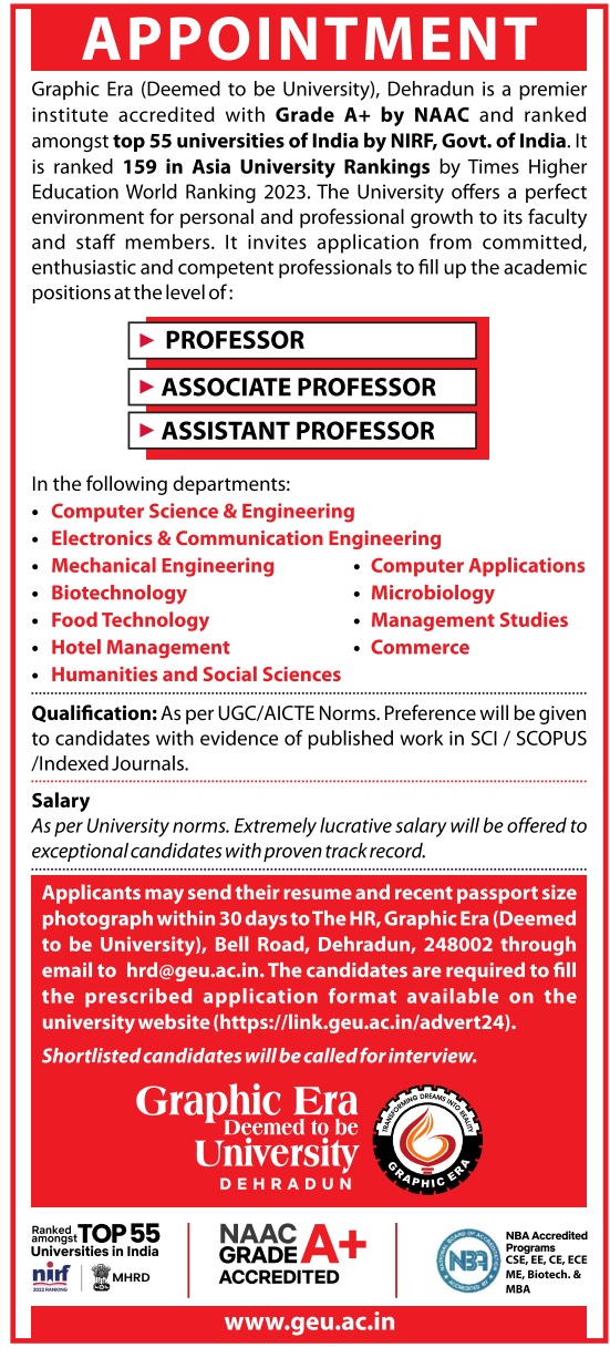 Faculty Recruitment 2023 at Graphic Era (Deemed to be University