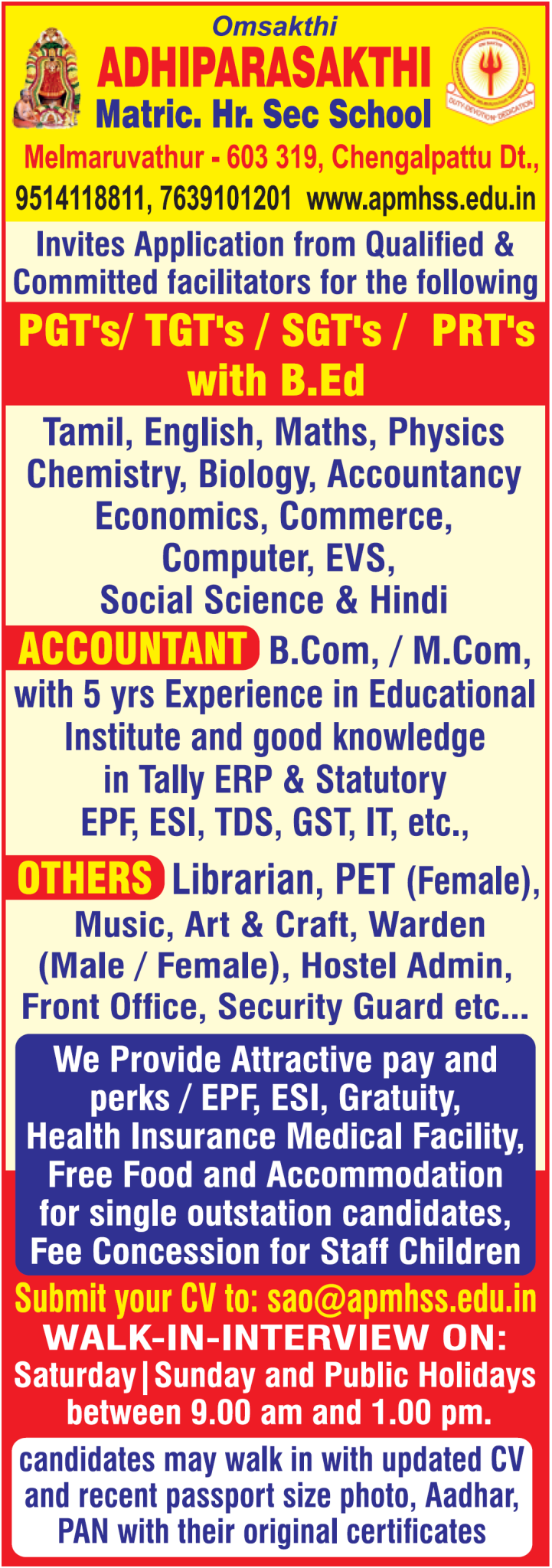 Adhiparasakthi Matriculation Hr Sec School- Walk-In Interview | FacultyPlus
