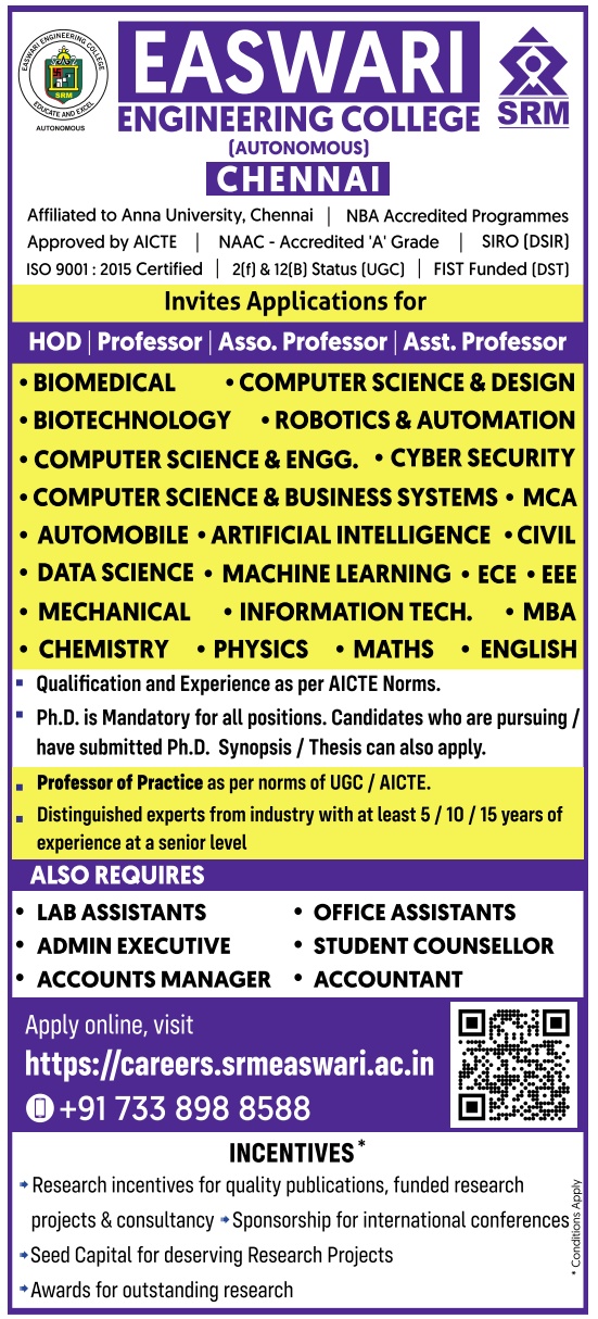 Faculty Jobs 2024 at Easwari Engineering College (Autonomous), Chennai