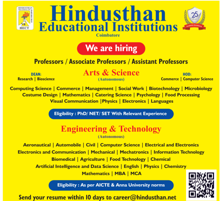 Faculty Job Openings Hindusthan Educational Institutions, Coimbatore