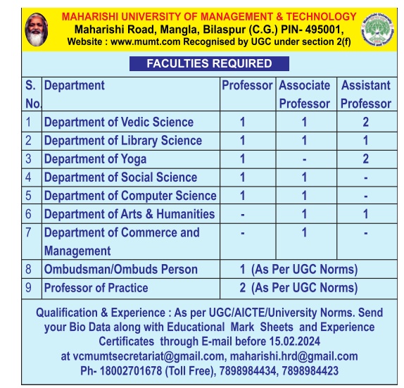 Maharishi University of Management & Technology, Bilaspur Wanted ...