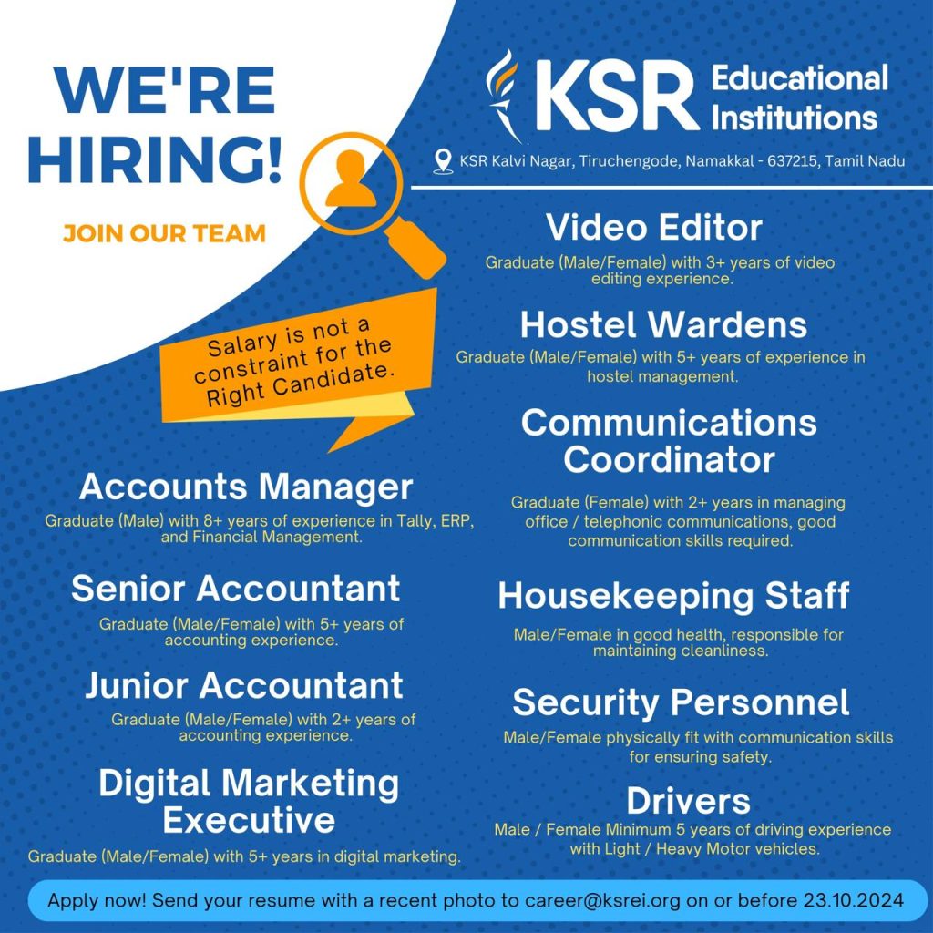 KSR Educational Institutions Wanted Non-Teaching Staffs | FacultyPlus