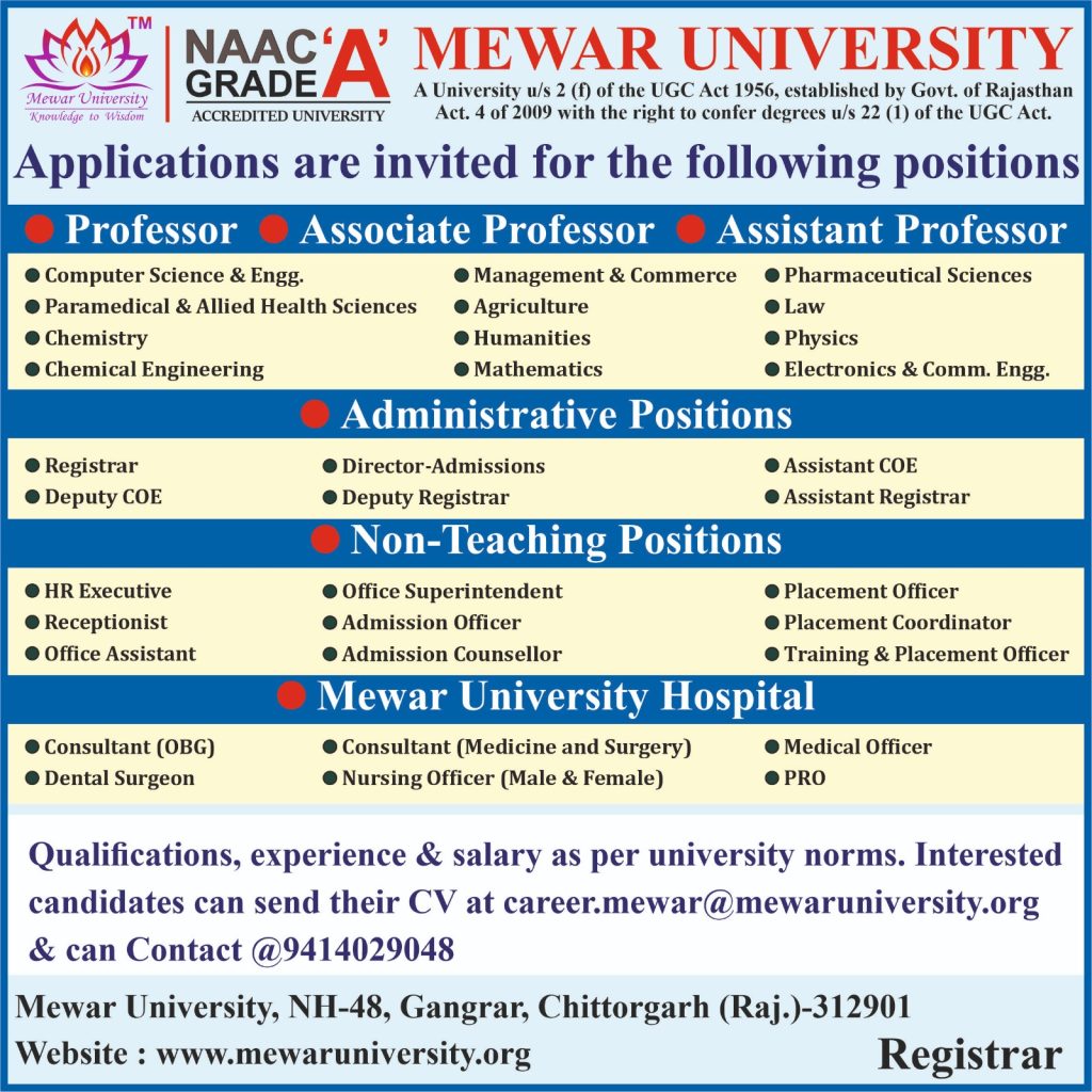 Faculty Recruitment 2025 at Mewar University, Gangrar | FacultyPlus