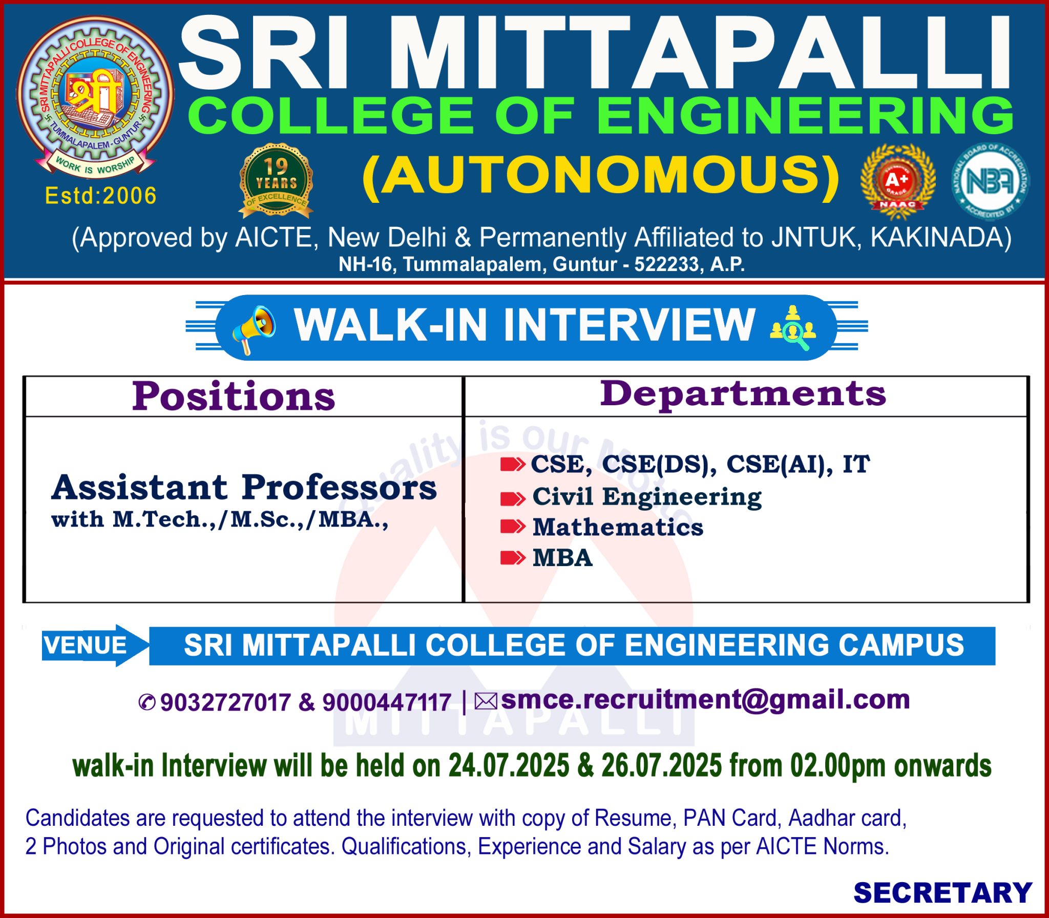 Sri Mittapalli College of Engineering, Guntur Wanted Assistant ...