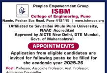 ISBM College of Engineering, Pune wanted Professor/ Associate Professor and Assistant Professor