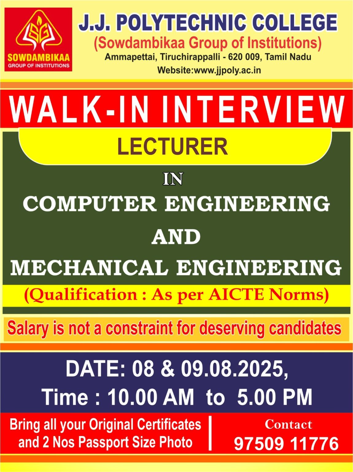 J.J Polytechnic College, Tiruchirappalli Wanted Lecturer(Walk-in ...