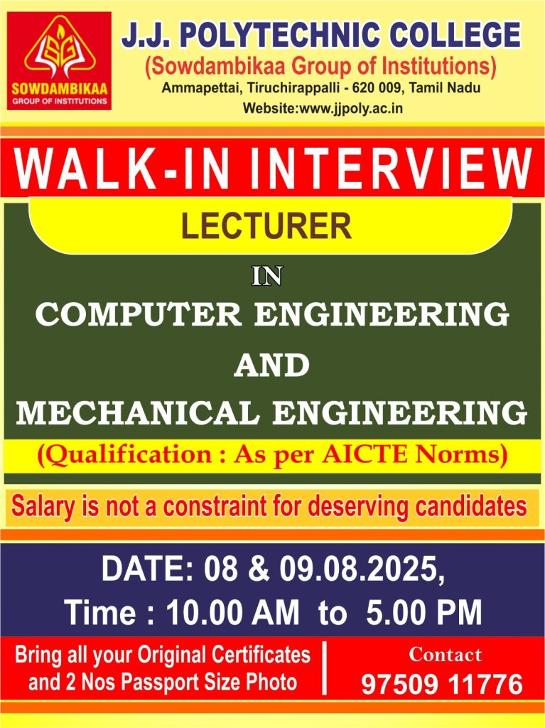 J.J Polytechnic College, Tiruchirappalli Wanted Lecturer(Walk-in ...