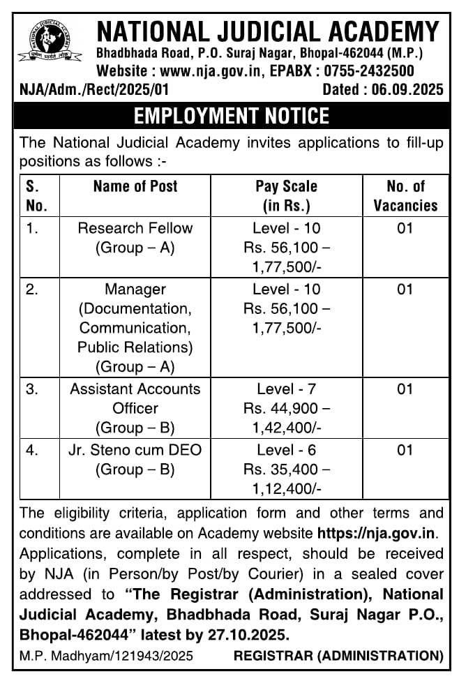 National Judicial Academy, Bhopal Wanted Non-Teaching Faculty | FacultyPlus
