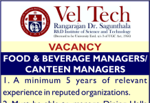 Vel Tech Rangarajan Dr. Sakunthala R&D Institute of Science and Technology Chennai Wanted Non-Teaching Staff
