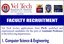Vel Tech Rangarajan Dr. Sakunthala R&D Institute of Science and Technology Chennai Wanted Assistant Professor