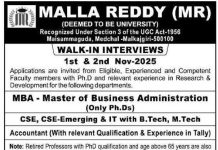 Malla Reddy (MR) Deemed to be University Wanted Faculty