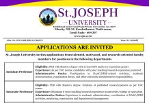 St. Joseph University, Chennai Wanted  Professor/Associate Professor/Assistant Professor