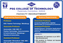 PSG College of Technology, Coimbatore Wanted Professor/Associate Professor/Assistant Professor