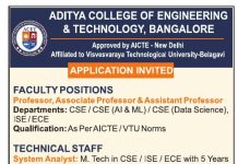 Aditya College of Engineering & Technology, Bangalore Wanted Teaching and Non-Teaching Faculty