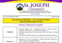 St. Joseph University, Chennai Wanted  Admission Counsellor