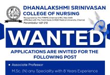 Dhanalakshmi Srinivasan College of Nursing, Perambalur Wanted Assistant Professor/Associate Professor/Nursing Tutor