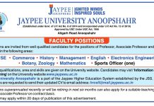 Jaypee University Anoopshahr, Bulandhshahr Wanted Professor/ Associate Professor/ Assistant Professor