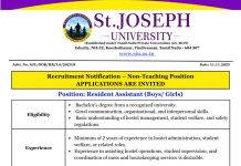St. Joseph University, Chennai Wanted Resident Assistant